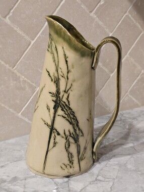 Vintage Botanical Inprint Studio Art Pottery Pitcher Green Ceramic Vase Signed